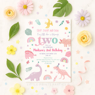 Girly Rosa Dinosaur 2:a födelsedagen Inbjudningar