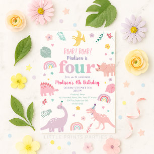Girly Rosa Dinosaur 4e födelsedagen Inbjudningar