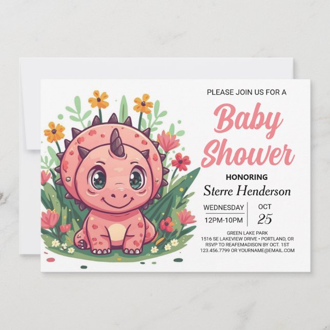 Girly Rosa Dinosaur Girl Baby Shower Inbjudningar (Framsida)