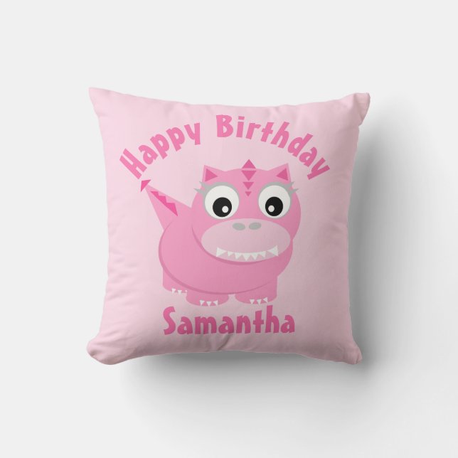 Girly Rosa Dinosaur Tecknad Kids Namn Birthday Kudde (Framsida)