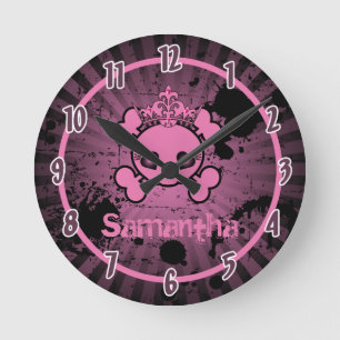 Girly Rosa EMO Skull Rocker Personlig Clock Rund Klocka
