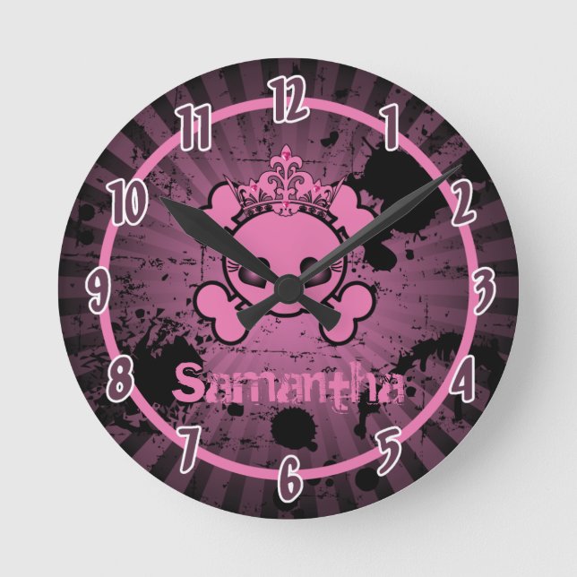 Girly Rosa EMO Skull Rocker Personlig Clock Rund Klocka (Framsida)