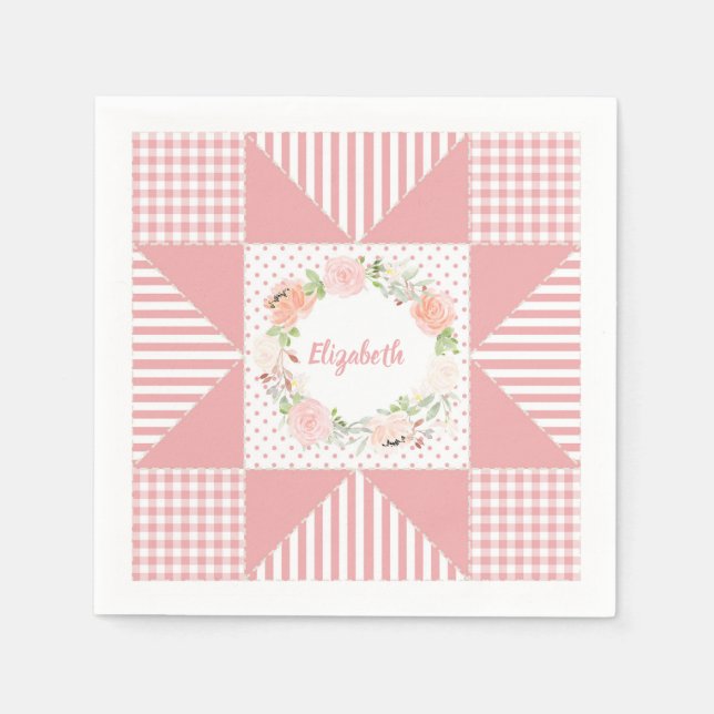 Girly Rosa Evening Star Quilt Ro Wandan och Namn Pappersservett (Framsidan)