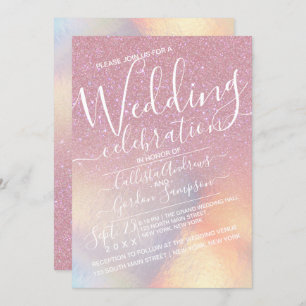 Girly Rosa Faux Iridescent Glitter Ombre Bröllop Inbjudningar
