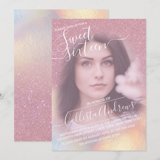 Girly Rosa Faux Iridescent Glitter Photo Sweet 16 Inbjudningar (Fram/baksida)