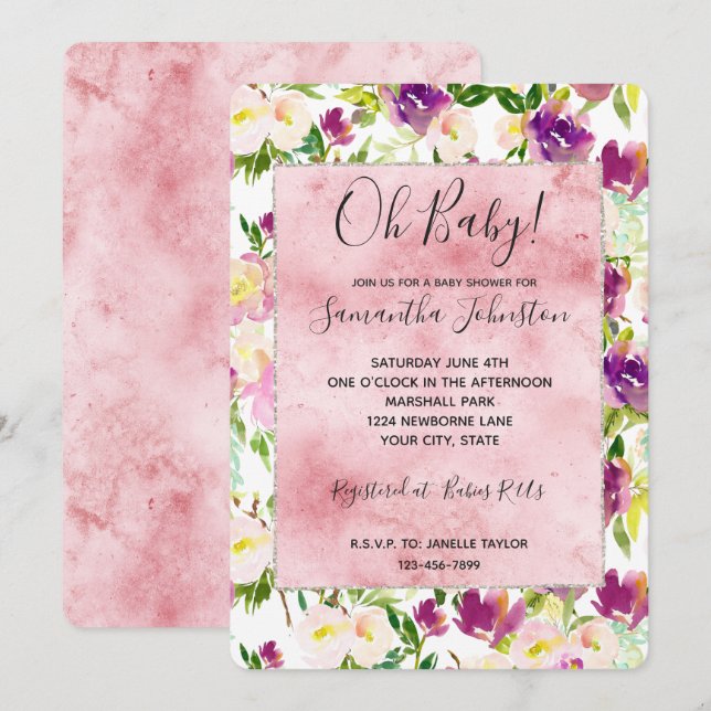 Girly Rosa Fersken Lila Burgundy Akvarell Blommig Inbjudningar (Fram/baksida)