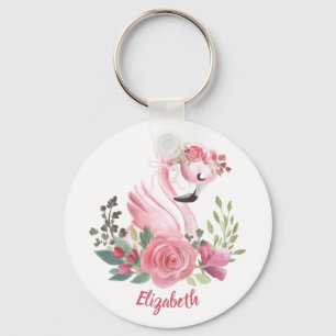 Girly Rosa Flamingo Blommigt Ro Namn Nyckelring