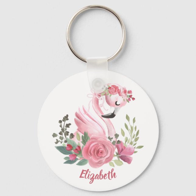 Girly Rosa Flamingo Blommigt Ro Namn Nyckelring (Framsida)