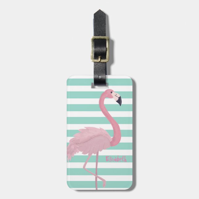 Girly Rosa Flamingo på Mint White Rand Bagagebricka (Vertikal Framsida)