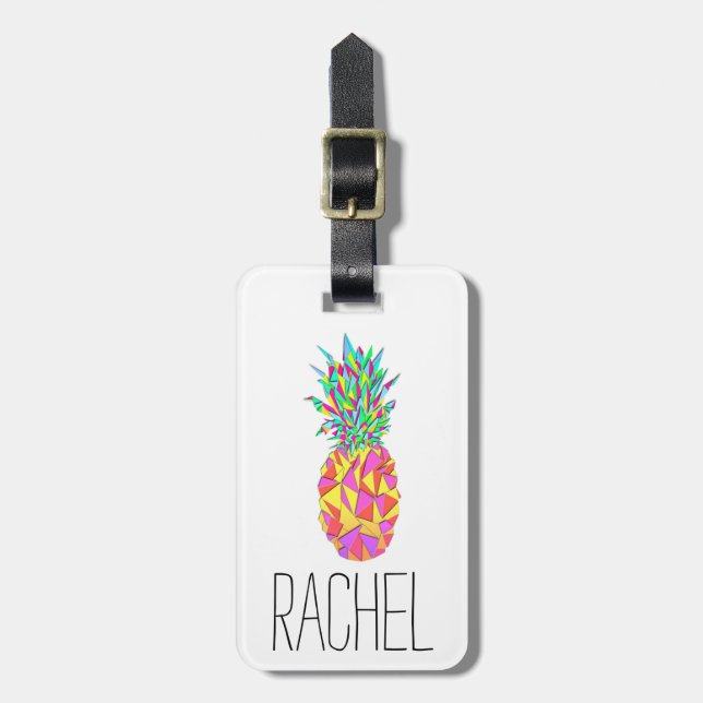 Girly Rosa Geometric Triangles Pineapple Monogram Bagagebricka (Vertikal Framsida)