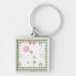 Girly Rosa Gingham Mönster Circles Cute Daisys Fyrkantig Silverfärgad Nyckelring