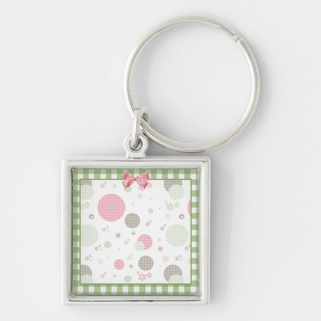 Girly Rosa Gingham Mönster Circles Cute Daisys Fyrkantig Silverfärgad Nyckelring (Framsidan)
