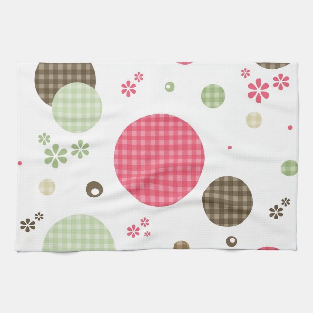 Girly Rosa Gingham Mönster Circles Cute Daisys Kökshandduk (Horisontell)