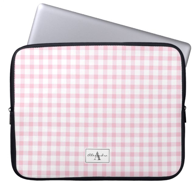 Girly Rosa Gingham PChecked Mönster Monogram Laptop Fodral (Framsidan)