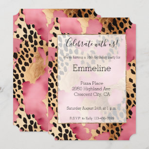 Girly Rosa Glam Black Guld Leopard Inbjudningar