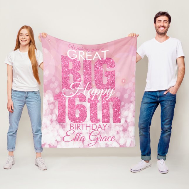 Girly Rosa Glitter 16:e födelsedagsblanket Fleecefilt (På plats)