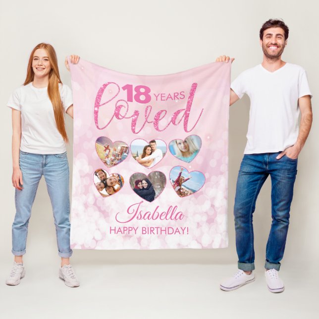 Girly Rosa Glitter 18:e födelsedag Foto Collage Fleecefilt (På plats)