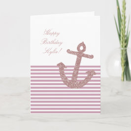 Girly Rosa Glitter Anchor Birthday Kort