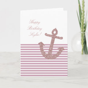 Girly Rosa Glitter Anchor Birthday Kort