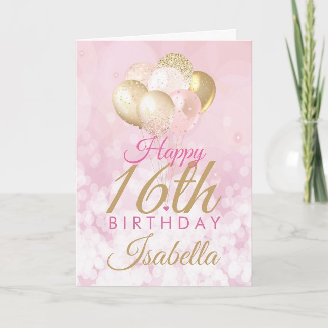 Girly Rosa Glitter-ballonger 16:e födelsedagen Kort (Framsida)