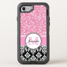Girly, Rosa, Glitter Black Damask