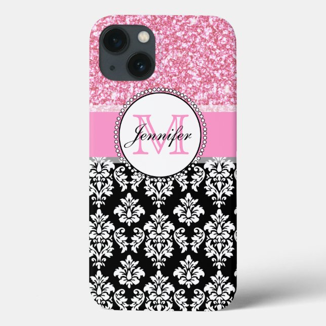 Girly, Rosa, Glitter Black Damask Personlig (Baksida)