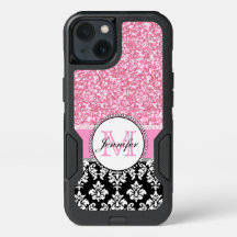 Girly, Rosa, Glitter Black Damask Personlig