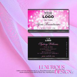 Girly Rosa Glitter Black Silver Gräns och Logotyp Visitkort