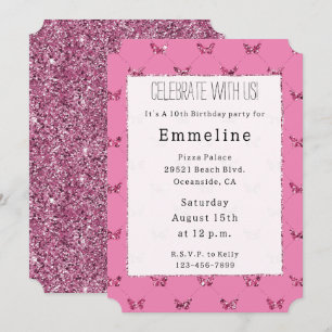 Girly Rosa Glitter Butterflies Inbjudningar