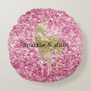 Girly Rosa Glitter Confetti Guld Unicorn Rund Kudde