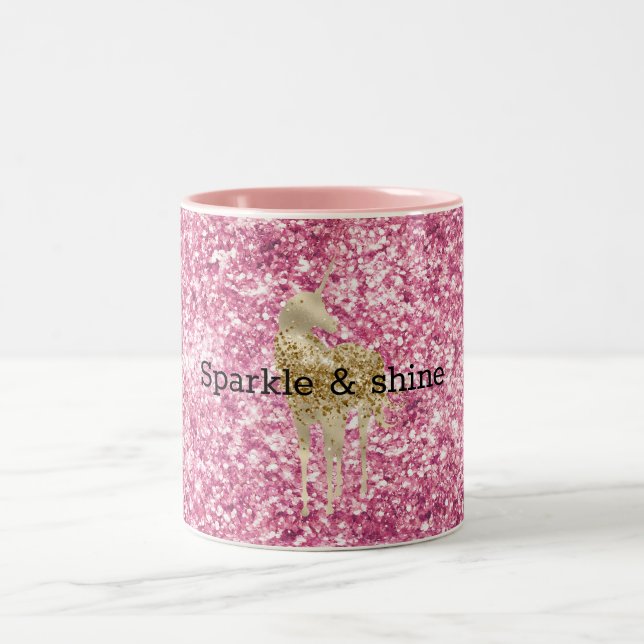 Girly Rosa Glitter Confetti Guld Unicorn Två-Tonad Mugg (Center)