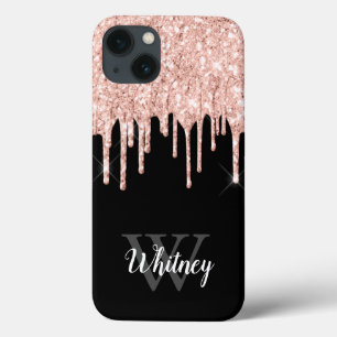 Girly Rosa Glitter Drip Grått Monogram