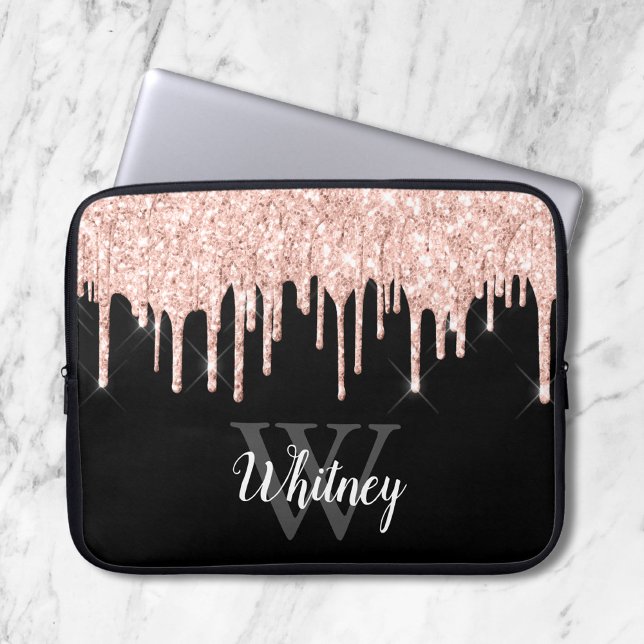 Girly Rosa Glitter Drip Grått Monogram Laptop Fodral (Skapare uppladdad)