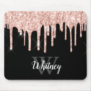 Girly Rosa Glitter Drip Grått Monogram Musmatta