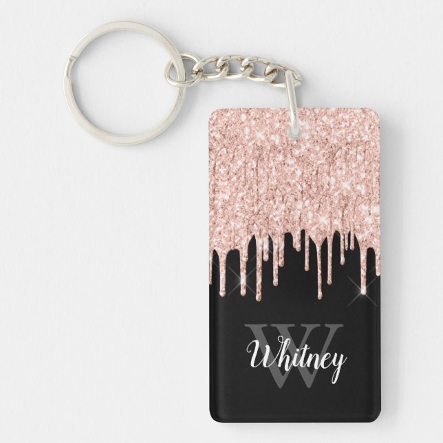 Girly Rosa Glitter Drip Grått Monogram Nyckelring (Framsidan)