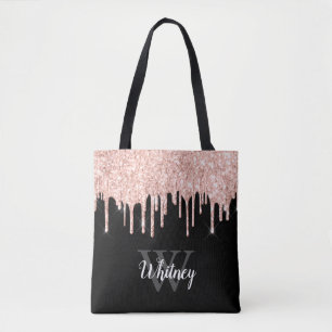 Girly Rosa Glitter Drip Grått Monogram Tygkasse