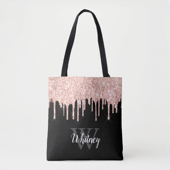 Girly Rosa Glitter Drip Grått Monogram Tygkasse (Framsida)