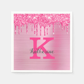 Girly Rosa Glitter Drips Chic Glam Monogram Namn Pappersservett