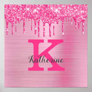 Girly Rosa Glitter Drips Chic Glam Monogram Namn Poster
