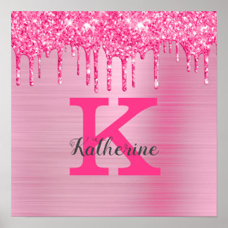Girly Rosa Glitter Drips Chic Glam Monogram Namn Poster