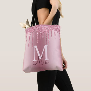 Girly Rosa Glitter Drips Monogram Namn Tote Tygkasse