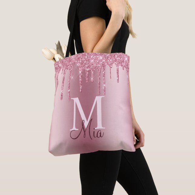 Girly Rosa  Glitter Drips Monogram Namn Tote Tygkasse (Närbild)