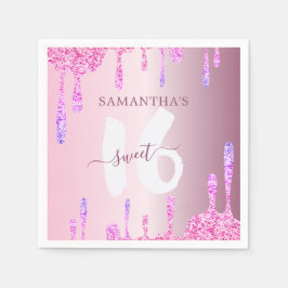 Girly Rosa Glitter Drips Sweet 16 Pappersservett