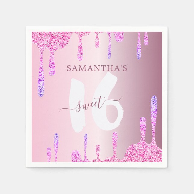 Girly Rosa Glitter Drips Sweet 16 Pappersservett (Framsidan)