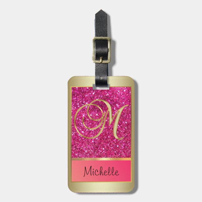 Girly Rosa Glitter Golden Monogram Brev M  Bagagebricka (Vertikal Framsida)