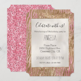 Girly Rosa Glitter Guld Glam Zebra tryck Inbjudningar