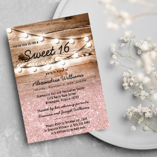 Girly Rosa Glitter Hanging Ljus Wood Sweet 16 Inbjudningar