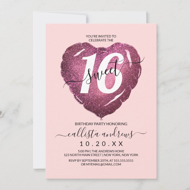 Girly  Rosa Glitter Heart Balloon Sweet 16 Inbjudningar (Framsida)