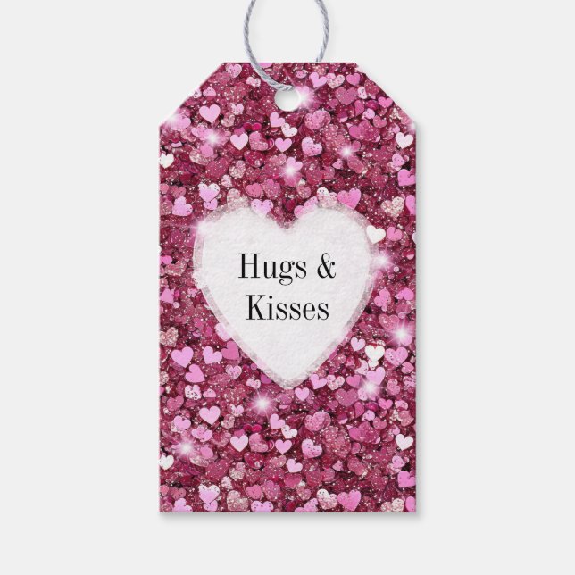 Girly Rosa Glitter Hearts Hugs Presentetikett (Framsidan)
