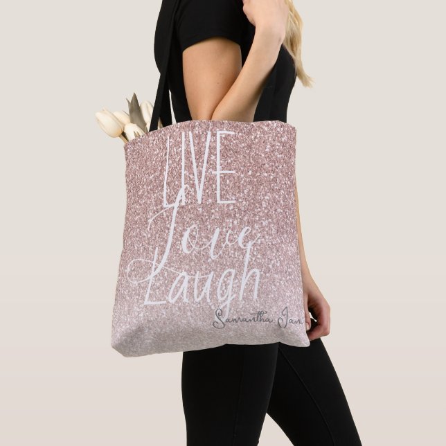 Girly Rosa Glitter Live Kärlek Laugh Motivational Tygkasse (Närbild)